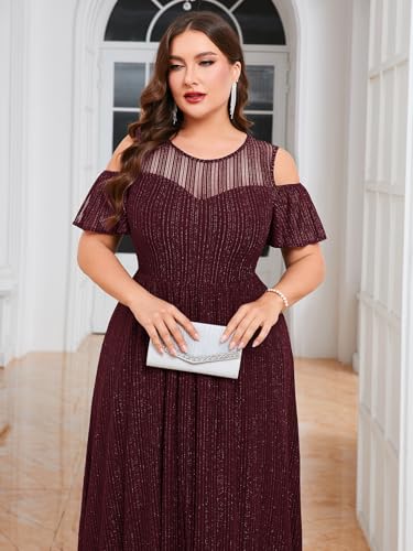 Image of ZOMVA Plus Size Sparkly Mesh Maxi Dress Cold Shoulder Ruffle Sleeve High Low A Line Dresses Wedding Guest Cocktail Party