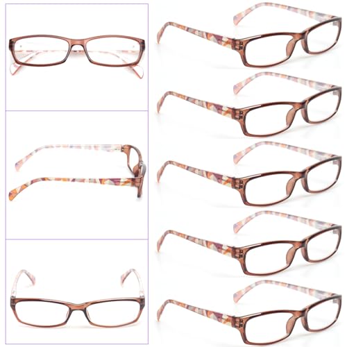 Image of Kerecsen Reading Glasses 5 Pairs Fashion Ladies Readers Spring Hinge with Pattern Print Eyeglasses for Women (5 Brown, 0.5, x)