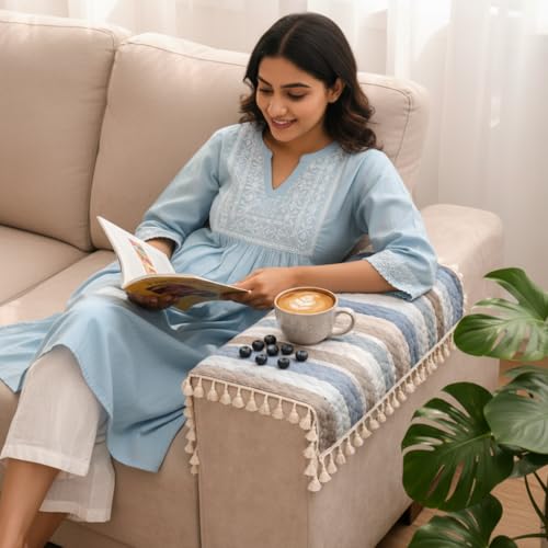 Image of STITCHNEST Printed Quilted Sofa Arm Cover with Tassels | Stylish Hand Rest Protector | Soft & Durable | 18 x 22 Inches