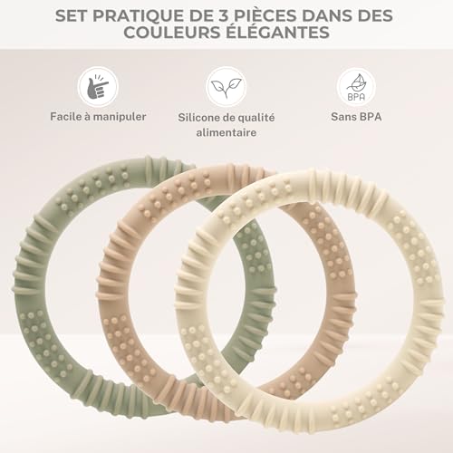 Anneau de dentition bébé en silicone sans BPA lot de 3 souple sensoriel jouet de dentition nouveau ne soulage les gencives cadeau naissance fille garcon anneaux mordeur ergonomique – Image 5