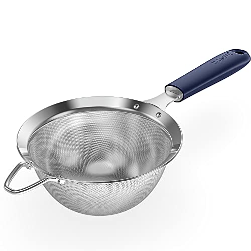 U-Taste 18/8 Stainless Steel Mesh Strainer: 5.5 Inch Kitchen Fine Mesh Sieve Food Colander with Riveted Sturdy Silicone Handle and 30 Mesh Hole for Straining Flour, Pasta, Fruit, Quinoa(Midnight Blue)