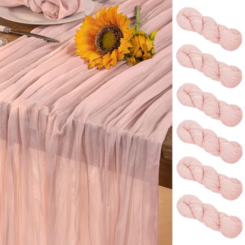 DeZerlor Pink Cheesecloth Table Runner 6 Pack Fall Table Runners Boho Gauze 120 Inches Light Pink Cheese Cloth Fall Table Decorations for Thanksgiving Wedding Bridal Girl Baby Shower Sweet 16 Party