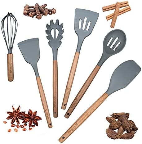 Pear Box Kitchen Cooking Utensils Set 33 pcs Non-Stick Silicone Spatula Set with Turner Tongs Holder Whisk Hanging Hooks Wooden Handle Heat Resistant Gadgets (Grey)
