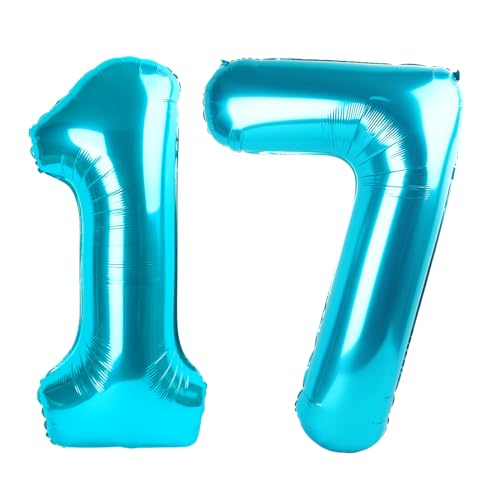 Image of Number Balloons Light Blue 17 Balloon 40 inch for 17 Birthday Decorations | Saturated Color, Large 40 in, With Inflation Straw & Hanging Hole, Great for Men's Party, Back-To-School Season, Pool Party