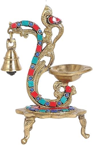 Work Ethnic Carved Peacock Design Brass Diya with Bell, Brass Antique Oil Lamp, Brass Diyas for Home, Size - 8 Inches