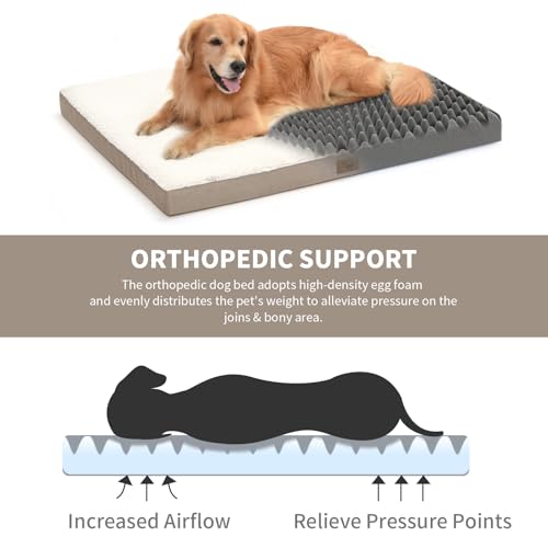 Image of Dog Crate Bed Washable Dog Beds for Large Dogs, Big Waterproof Orthopedic Dog Bed with Egg Crate Foam Pet Bed Mat, Removable Oxford Cooling Cover, Khaki White
