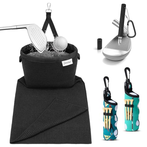 Third Generation Golf Club and Ball Cleaner Pouch with Attached Towel Powerful Leak Resistance Includes 1 Golf Club Groove Sharpener Tool and 2 Pack Golf Tee Holder Premium Golf Club Cleaning Kit