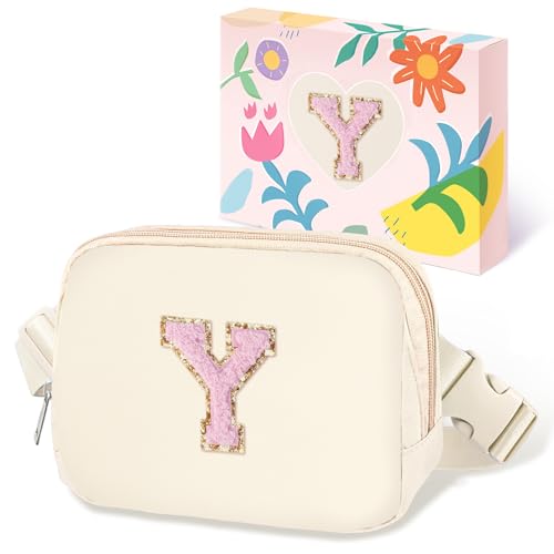 Image of COSHAYSOO Valentines Birthday Initial Gifts for Women Teen Girls 5 6 7 8 9 10 11 12 13 14 Year Old Ivory Fanny Pack for Girls Belt Bag Crossbody Travel Purse Unique Trendy Cute Stuff Chenille Letter Y
