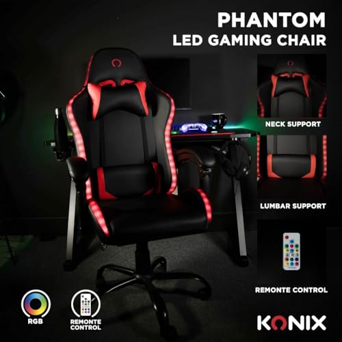 Konix Chaise de Bureau Gaming Phantom - Éclairage RVB - Inclinaison siège 135° - Cuir synthétique Lisse - Coussin lombaires et cervicaux - Noir – Image 4