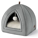 Bedsure Cat Cave Bed Indoor - Flannel Hooded Cat Igloo House, 40x40x40cm Enclosed Foldable Pet Bed with Removable Washable Cushion Pillow, Grey