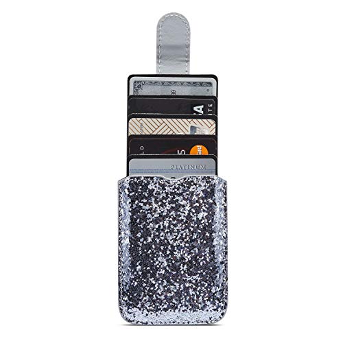 Arlgseln Glitter 5 Cards Holder Cell Phone Pouch, Stretchable Rfid Blocking ID Credit Card Wallet Adhesive Purse Stick on Smartphone for iPhone 16/15,Galaxy S24 Ultra Note 20 A55 A74 (Glitter Silver)