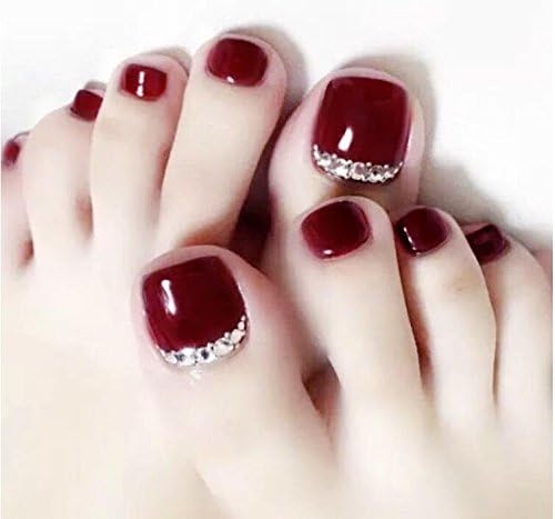 24pcs Fake Toe nails Summer Red Solid Rhinestone Decorated Bridal Wedding Short Square Full Cover with designs