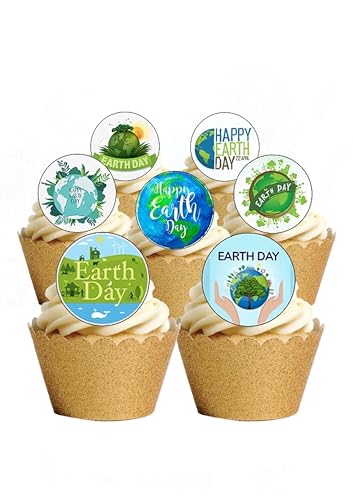 24 Precut Round Happy World EARTH Day Environmental Awareness Edible Wafer paper Cake Toppers Decorations