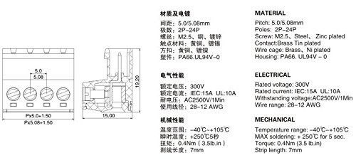 Samidea 9Pairs 4Pole 5.08Mm Plug Type Pitch Pcb Mount Screw Terminal Block Kit With Right Angle Pin, Ac 300V 15A(Iec)/10A(Ul) #TOP3