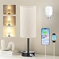 Fenmzee Beige Touch Table Lamp for Bedroom - 3 Way Dimmable Bedside Lamp USB C Charging Ports and AC Outlet, Small Lamp with Fabric Shade Black Base for Living Room, Office Desk, LED Bulb Included