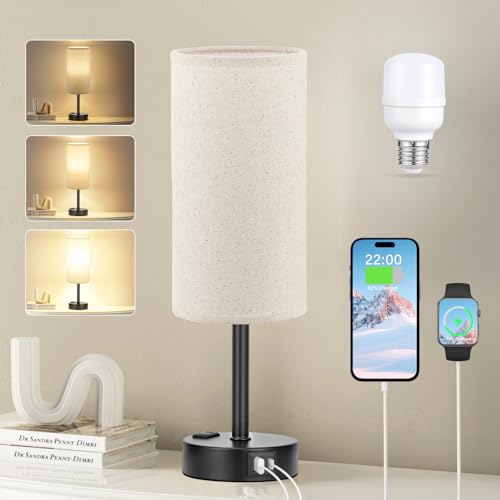 Fenmzee Beige Touch Table Lamp for Bedroom - 3 Way Dimmable Bedside Lamp USB C Charging Ports and AC Outlet, Small Lamp with Fabric Shade Black Base for Living Room, Office Desk, LED Bulb Included by Fenmzee - Used condition - US$22.68
