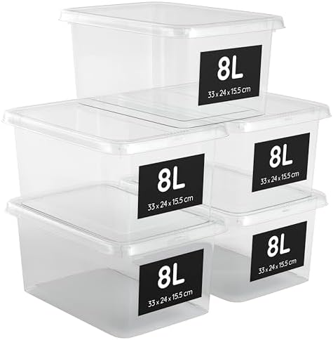 Cajas Almacenaje Plastico 8L con Tapa Set 5 Organizadoras Apilabl...