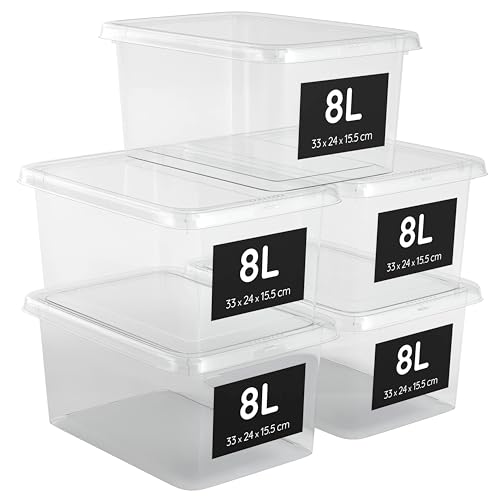 AHIOVA 5 Cajas Almacenaje Plastico Pequeñas 8L 33x24x15,5cm con Tapa, Cajas Organizadoras Apilables y 100% Transparentes. Caja Almacenaje de Click a Presión. Libre de BPA (8 Litros)
