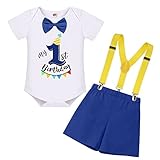 1st First Birthday Outfit Baby Boy Cake Smash One Year Old Party Newborn Toddler Bow Tie Cotton Short Sleeve Romper Shorts Pants Y-Back Suspenders 3PCS Clothes Set Photo Shoot Royal Blue 12-18 Months