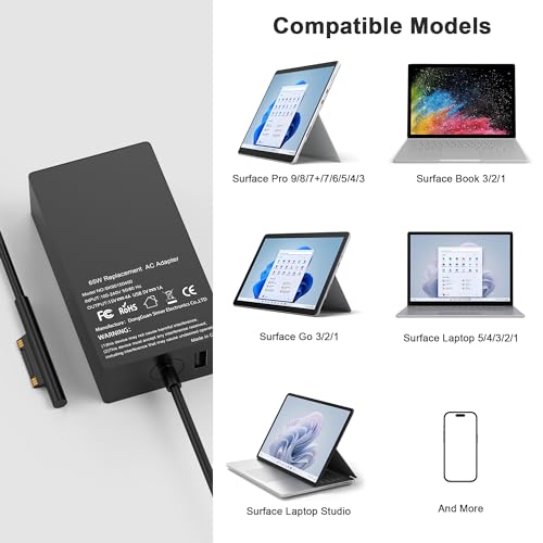 ​Replacement for Microsoft Surface Charger,65W Surface Pro Charger,Compatible with Surface Pro 11,9,8,7,6,5,4,3,X Surface Laptop 7,6,5,4,3,2,1 Surface Go 3,2,1 Surface Book 3,2,1 and More - Thumbnail 6