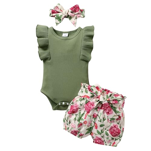 Image of Tiny Cutey Baby Girl Clothes Infant Summer Outfits Set Ruffle Sleeve Romper and Floral Shorts with Headband