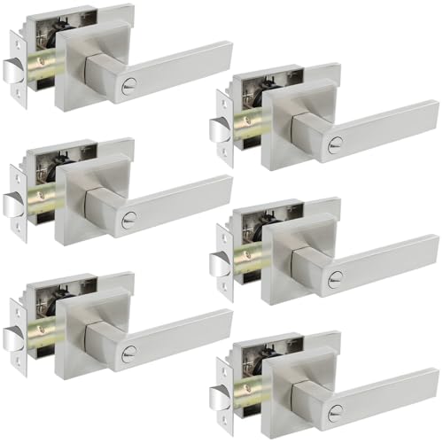 KAMOTA Privacy Door Levers, 6 Pack Satin Nickel Door Handles Bed and Bath Door Locks Interior Keyless Locksets, Left and Right Hand Reversible