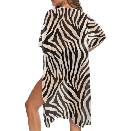 Image of xixirimido Cardigan for Women Brown Black Zebra Stripe Print Lightweight Long Length Half Sleeve Beach Cover Up Fashion Breathable Kimono Cardigans Clothes Resort Pool