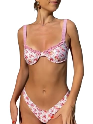 Alyweatry Women Floral Underwire Bikini Set Ruffle Trim Spaghetti Strap Push Up High Cut Cheeky Thong Swimsuit