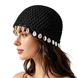 Generico Women's Bohemian Crochet Hat with Shell Women's Chic Shell Trim Crochet Beanie Handmade Boho Hat for Beach Travel (Black)