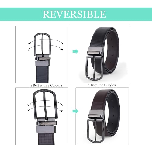 Image of Belts for Men Leather Original, Reversible Black & Brown Formal & Casual Italian Leather Belt with Attached Metal Curved Buckle