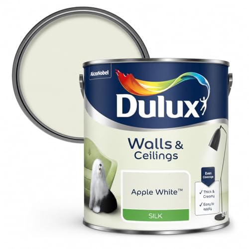 Image of DRW Apple White Silk Emulsion Paint 2.5L | Interior Wall and Ceiling Paint | Smooth Mid Sheen Silk Finish | Durable Everyday Room Paint for Living Room Bedroom Hallway and Dining Room