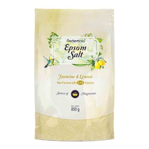 Nortembio Sales de Epsom 100% Fragancia Jazmín y Limón 850 g – Fuente Natural de Magnesio | Con Vitamina C y E Hidratante | Para Baños Relajantes, Spa y Cuidado de la Piel + E-Book Gratis