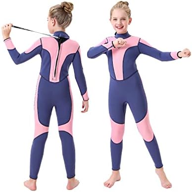 Seaskin Kids Wetsuit for Youth Girls, 3mm Full Suits Long Sleeve Back Zip Wet Suits Thermal Swimsuits Keep Warm for Surfing Diving Swim Lessons (4, Navy+Pink)
