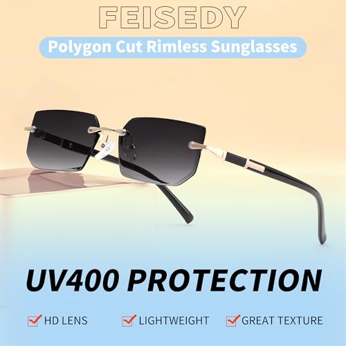 Image of FEISEDY Rimless Sunglasses Y2K Retro Small Narrow Clear Eyewear Vintage Rectangle Sunglasses for Women Men B2643