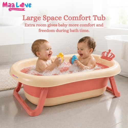 Image of Premium Foldable Baby Bathtub with Soft Cushion for Newborn, Infant & Toddler, Non-Slip Base, Easy Drain Plug, Portable Space Saving Bath Tub (Pink)