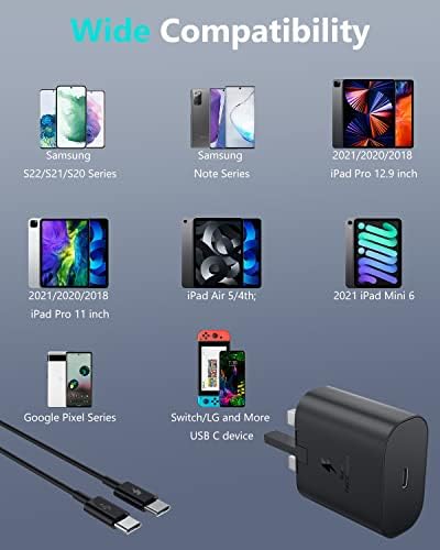 25W USB C Charger for Samsung, Type C PPS Fast Charging Plug Block for Samsung S22/ S22 Ultra S22+/ S21 S20 S10 S9 S8, Note 20/10/ 9, iPad Pro, iPad Air 5 4, Mini 6, Google Pixel, 1M USB C to C Cable