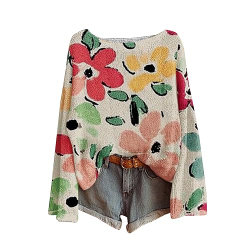 Shffuw Bohemian Floral Art Print Knitted Jumpers for Woman UK, Oversized Crew Neck Long Sleeve Lightweight Sweaters Casual Fashion Daily Jumper Thermal Comfy Sweater for Autumn Winter (A-Green, XXXL)