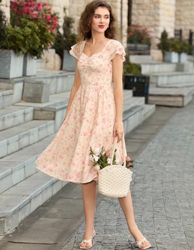 Image of Belle Poque Women's Sweatheart Neck Ruffle Cap Sleeve Floral Dress 2026 Summer Ruched Midi Elegant Cocktail Party Dress