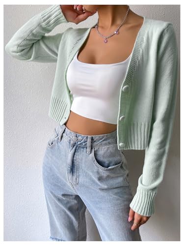 GORGLITTER Women's Long Sleeve Button Up Cropped Cardigan Fall Sweaters Open Front Y2k Knit Top2