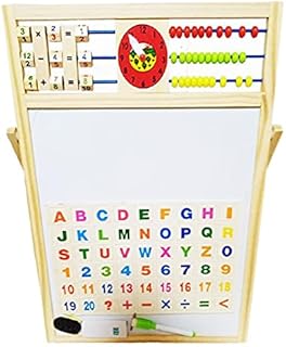 A multi-purpose magnetic writing board has two sides with a counter of beads and numbers with hour markers