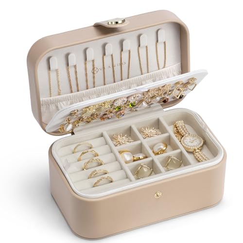 VLANDO Joyero con 2 niveles, almacenamiento de joyas pequeño, joyero con estilo, organizador de joyas para pendientes, estuche de viaje, idea de regalo para mujeres, café con leche