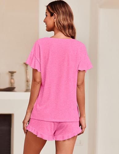 Image of Ekouaer Women's Pajama Set Ruffle Sleeves Top and Short | 2 Piece Ruffle Hem Sleeves Top and Shorts Pjs Set, Soft Short Sleepwear Set, Elastic Waistband Design