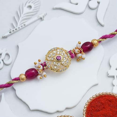 Image of eCraftIndia Beautiful Flower Rakhi for Brother Bhaiya Bhai with Best Bro Ever Fridge Magnet | Roli Chawal Pack