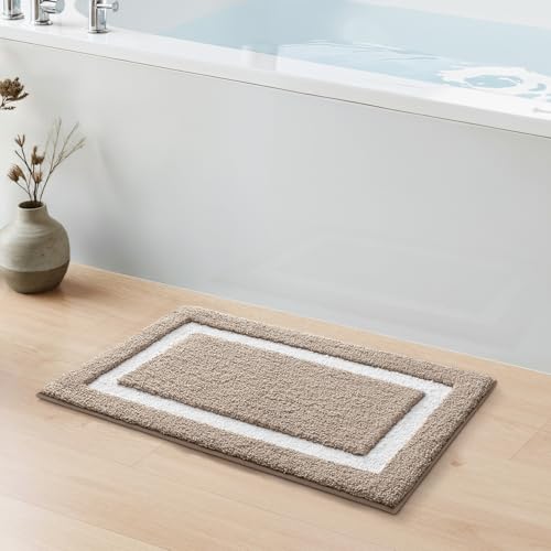 Image of Color&Geometry Mini Bathroom Rugs 16x24, Extra Soft Absorbent Microfiber Bath Rug, Non-Slip Bathroom mat, Washable Plush Bath Mats for Bathroom, Shower, Bathtub, Laundry, Khaki White