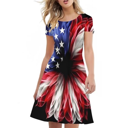Image of POLERO Women Puffy Swing Elegant Party Midi Dresses Short Sleeve Round Neck A-Line Dress