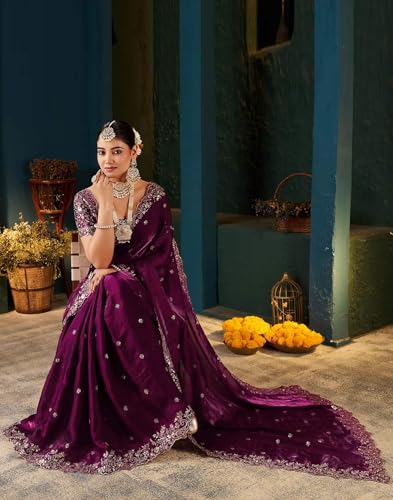 Image of Sidhidata Women's Soft Fandy Satin Embroidered Saree With Multi Sequence Cut Work Boarder & Comes With Unstitched Blouse Piece (Jimmy Free Size)