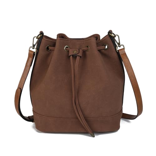 AFKOMST Sac seau pour femme, sac à bandoulière avec cordon de serrage, marron foncé, 27 x 30 x...