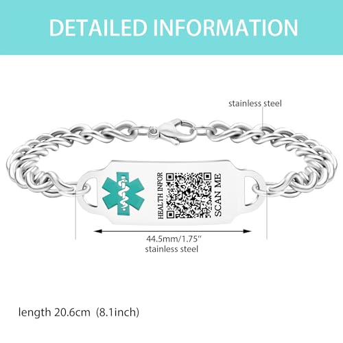 Oneress Medical Alert Bracelet with Editable Dynamic QR Code, Scannable Emergency ID Tag, Stainless Steel Medical Information Bracelet for Men & Women YA4501 - Thumbnail 4
