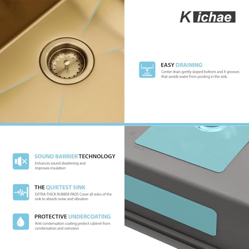 36 Inch Gold Undermount Kitchen Sink - Kichae 36 x 19 Stainless Steel Undermount Sink Ledge Workstation 16 Gauge Single Bowl Round Corner Handmade Deep Bowl with Cutting Board by Kichae - Image 8
