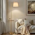 AIDENOEY Fully Dimmable Floor Lamp for Living Room?Standing Lamp Rotary Switch with Table&Linen Beige Shade?Golden Tall Lamps for Bedroom with Adjust Head?9W LED Bulb Included